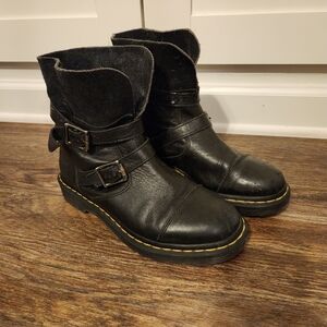 ​Dr. Martens Aimilita Black Leather Fold Down Combat Boots UK 6 US 8 Cap Toe